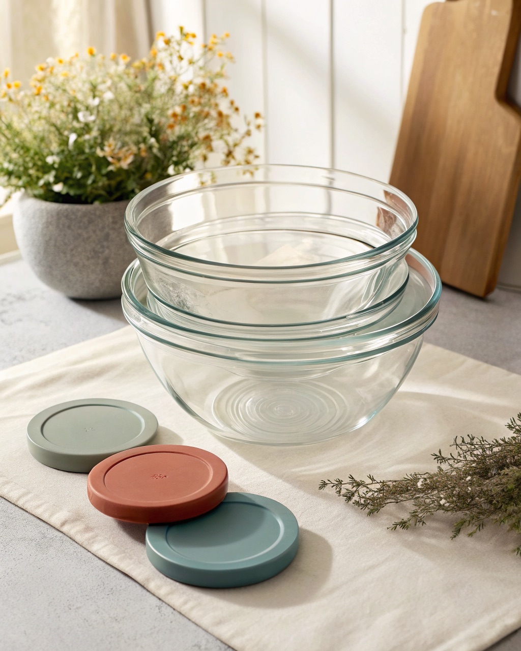 Four nested clear tempered glass mixing bowls with colored silicone lids set beside them