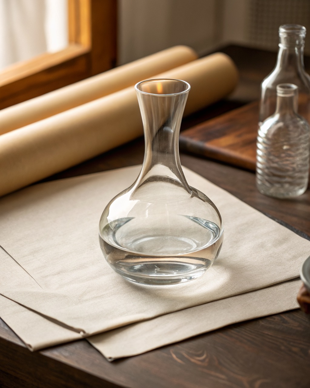 Clear glass water carafe with a slim neck and wide round base, three-quarter view on a white studio background