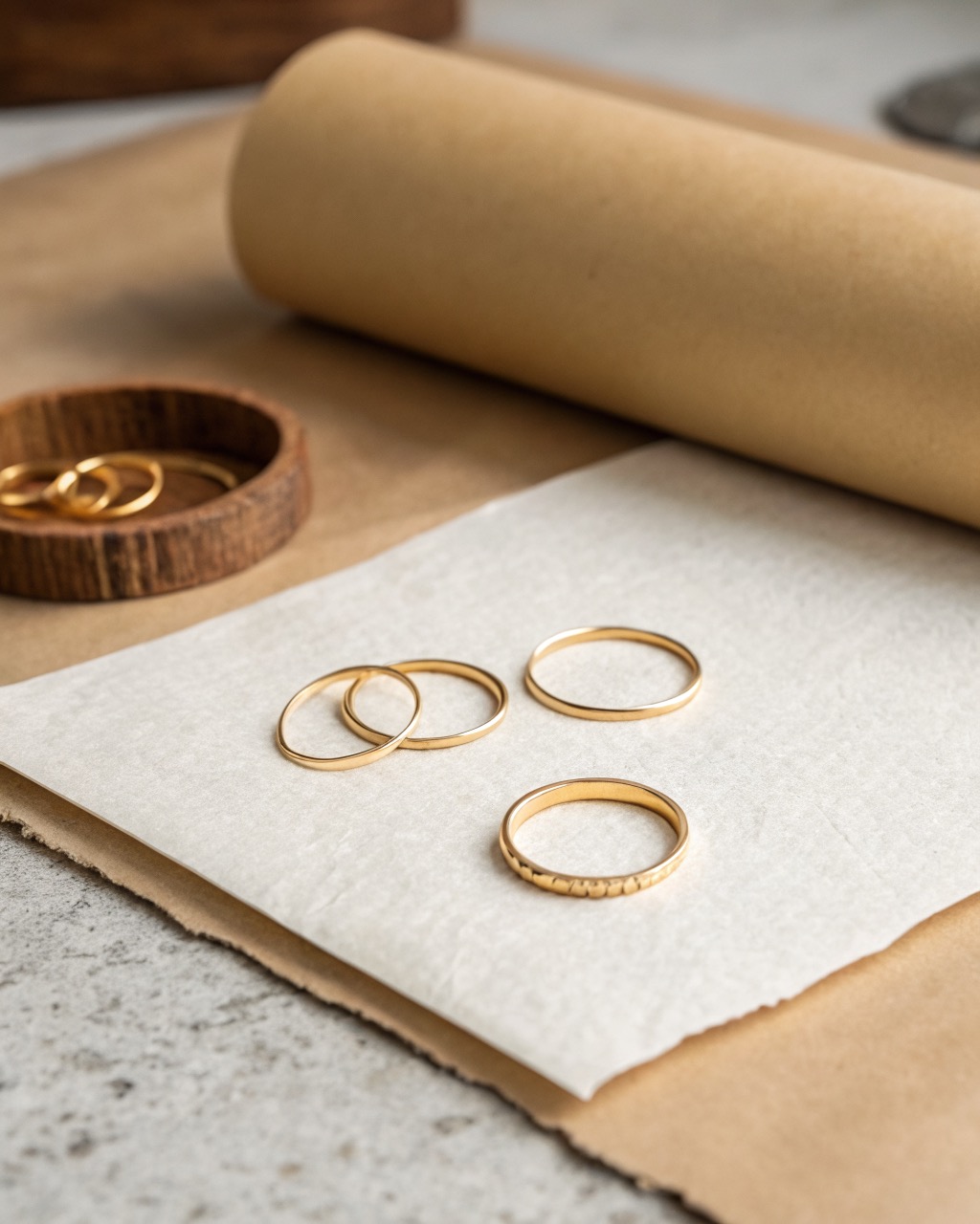 three thin gold vermeil stacking rings arranged side by side on a pale stone surface, warm reflection and soft shadow