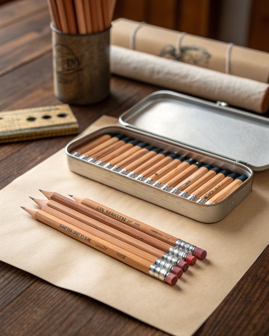 Twelve natural cedar graphite pencils fanned out by grade beside an open hinged tin, grade stamps visible on unpainted barrels