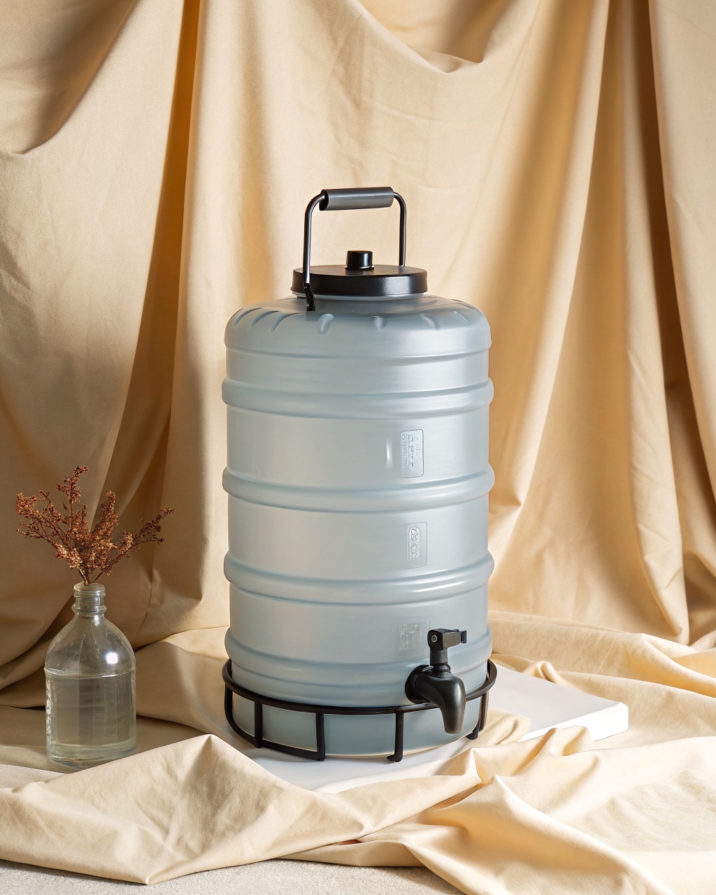 Translucent grey 6-liter collapsible water reservoir hanging from a branch with a black spigot and threaded lower outlet