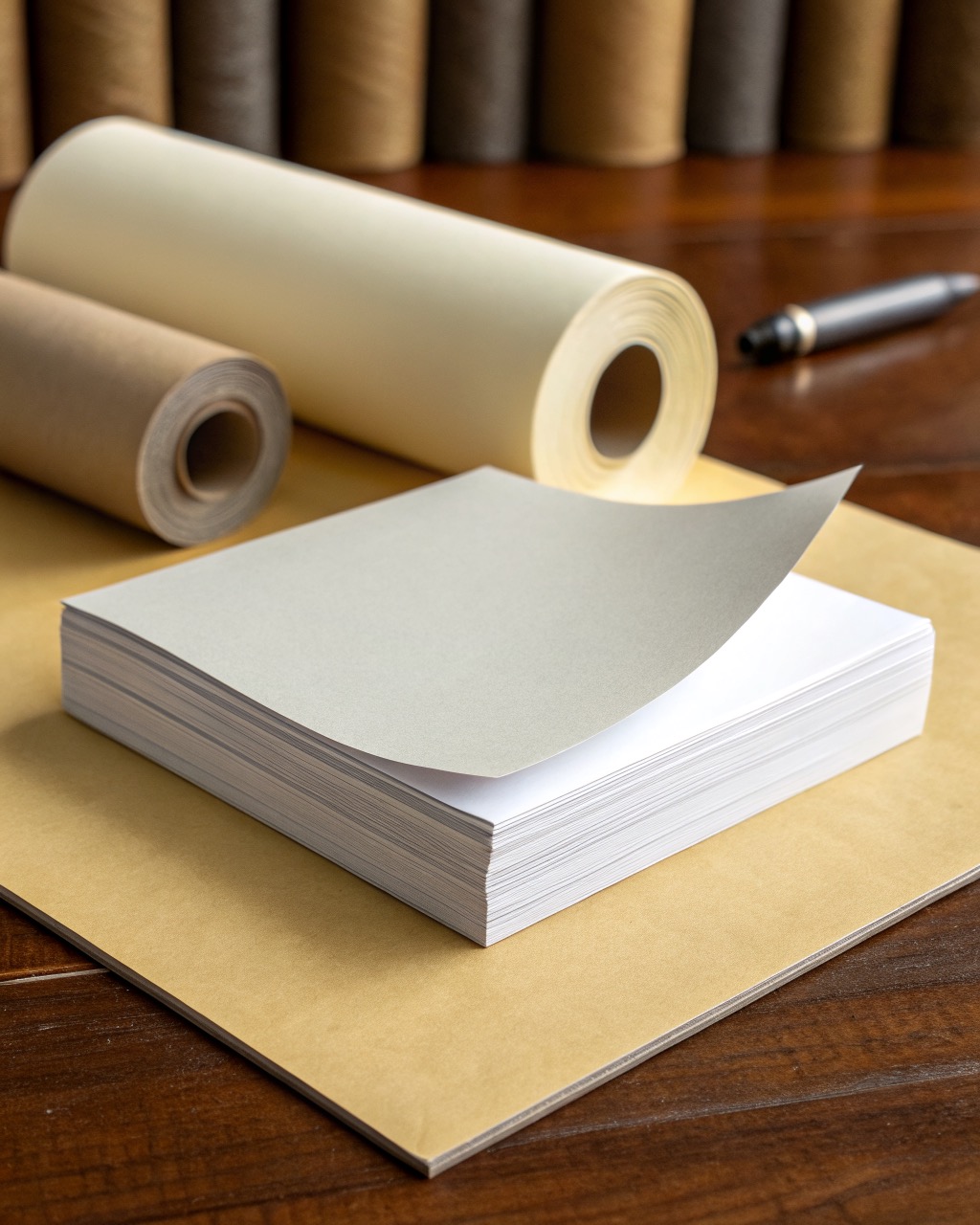 Thick block of bright white half-letter memo paper gummed at the top edge, one sheet half peeled up, gray chipboard backer below