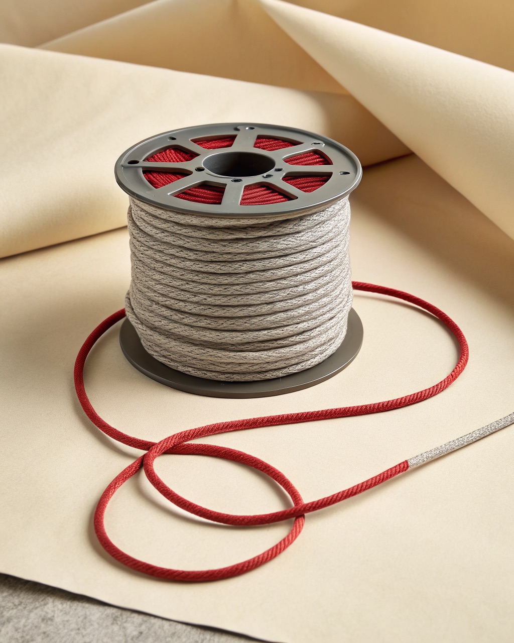 Coil of grey reflective guyline cord on a winder card next to eight small red anodized aluminum line tensioners