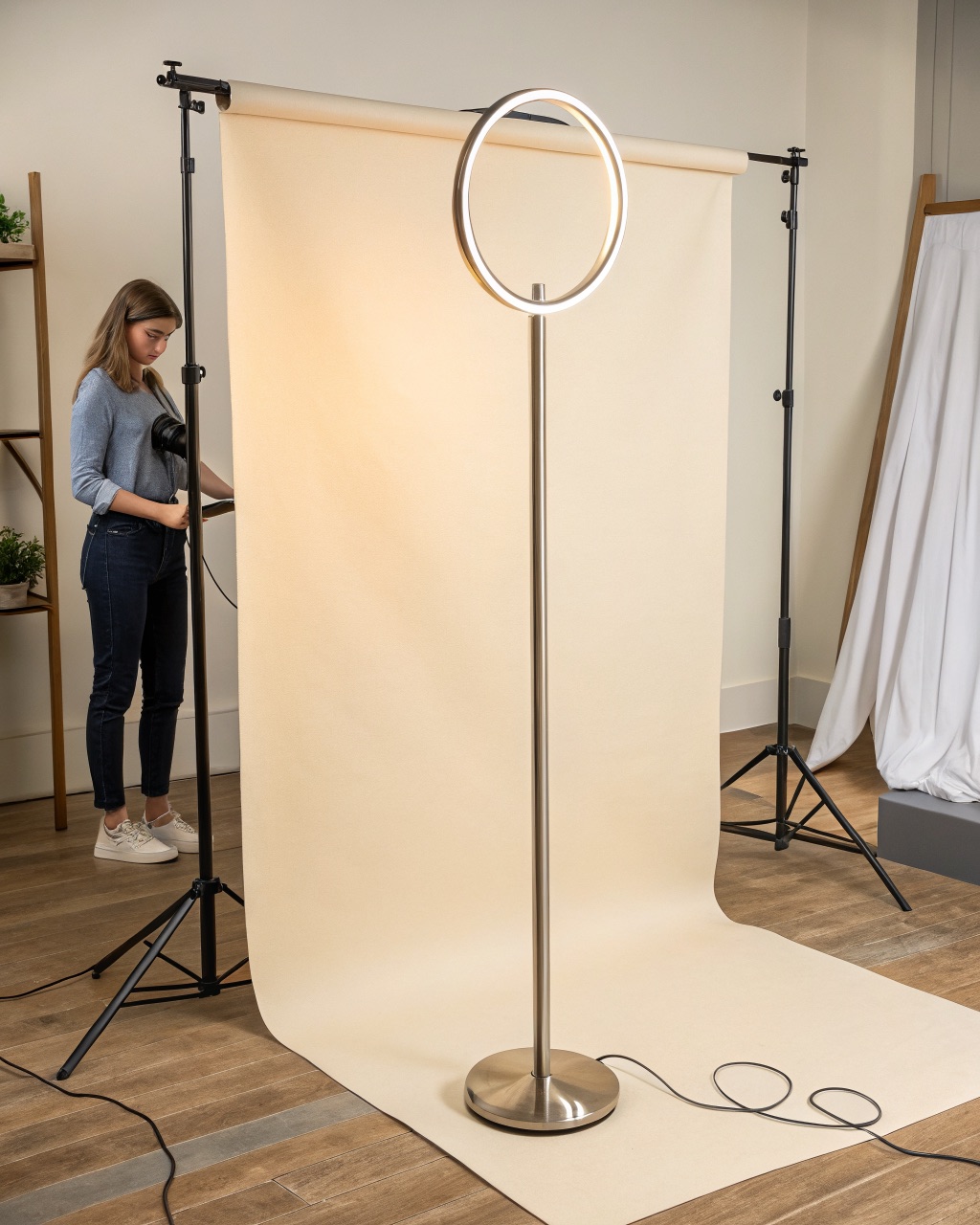 Brushed steel floor lamp with a circular borosilicate glass diffuser ring