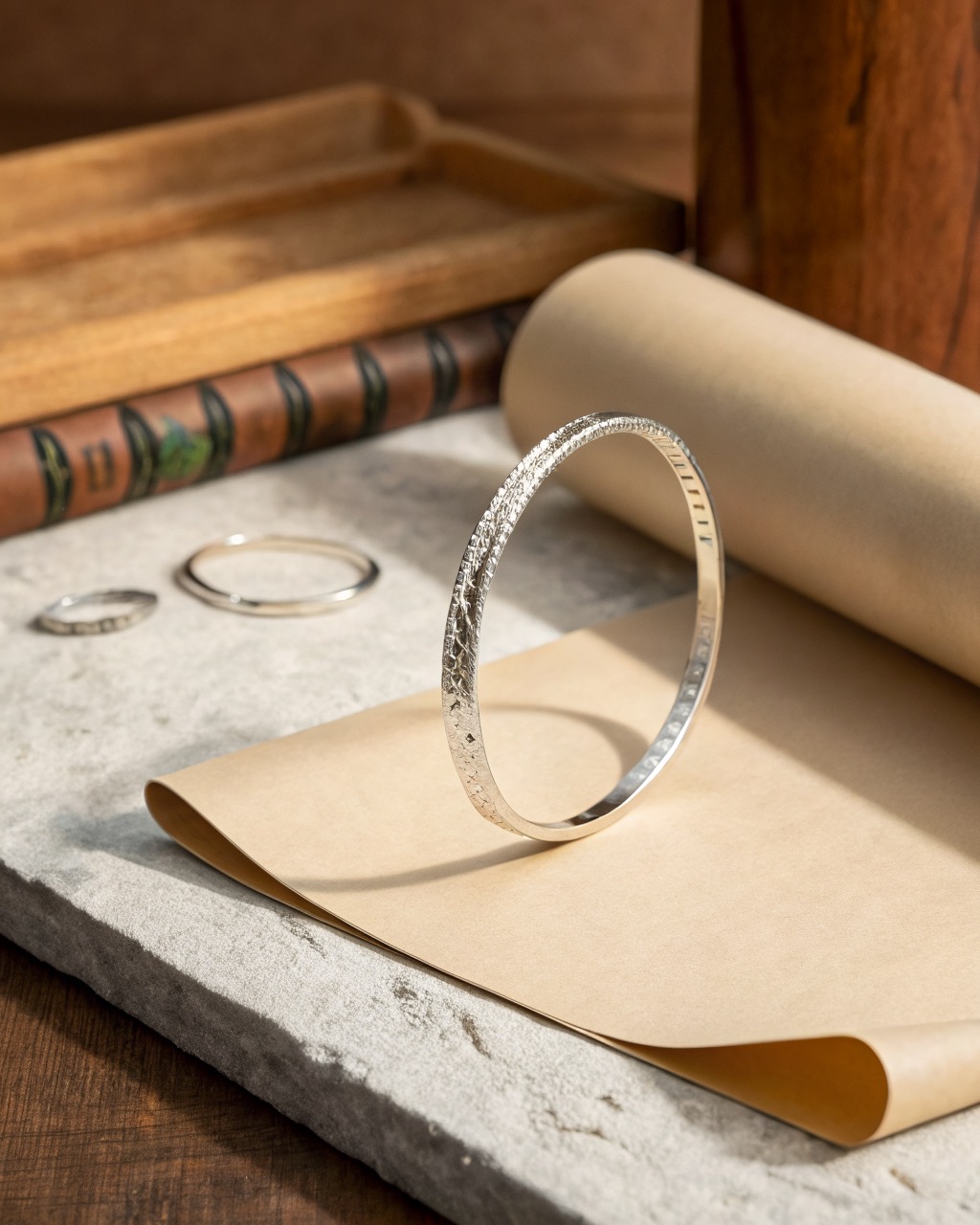 open hand-hammered sterling silver bangle standing on a pale stone surface, faceted texture scattering soft highlights