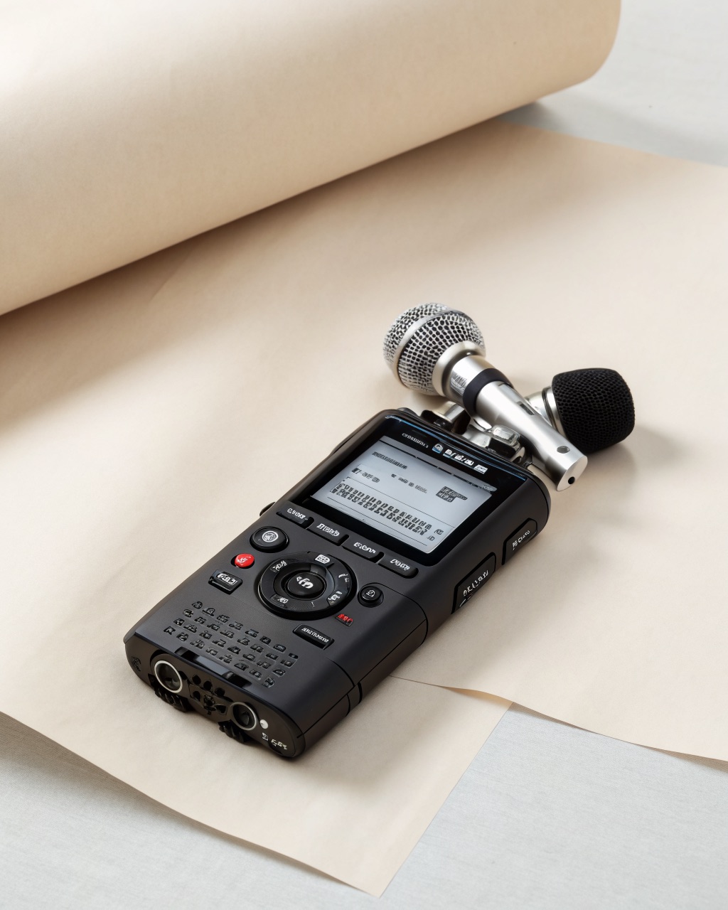 Handheld stereo audio recorder in matte black with two angled condenser microphone capsules on top, a small monochrome screen, and a side record-level dial