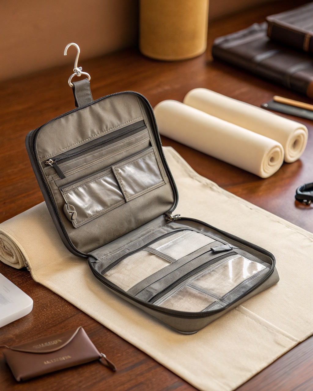 Graphite coated nylon hanging toiletry kit shown open and unfolded with three clear-fronted compartments and a metal swivel hook at the top
