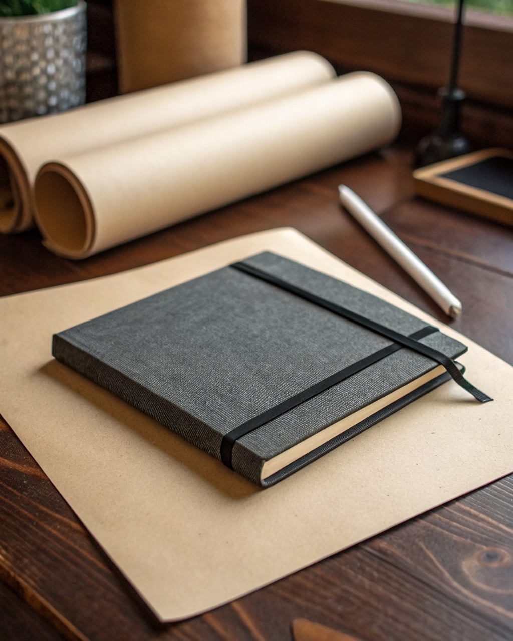 Square hardcover sketchbook with coated charcoal linen cover, closed flat with elastic band and ribbon marker across the front