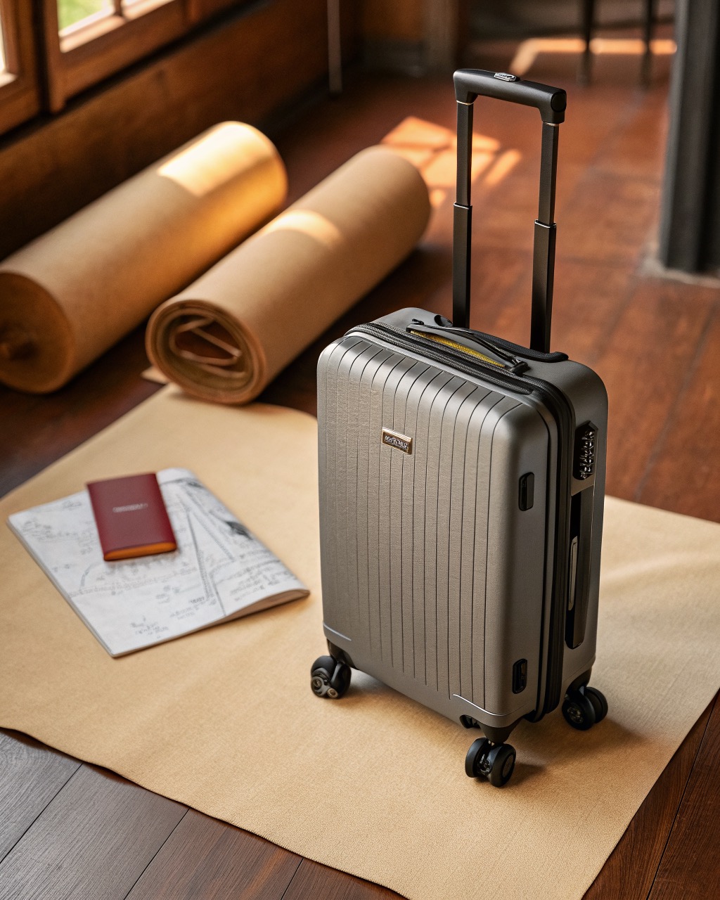 Graphite textured polycarbonate carry-on suitcase standing upright at a three-quarter angle, showing double spinner wheels and a recessed combination lock