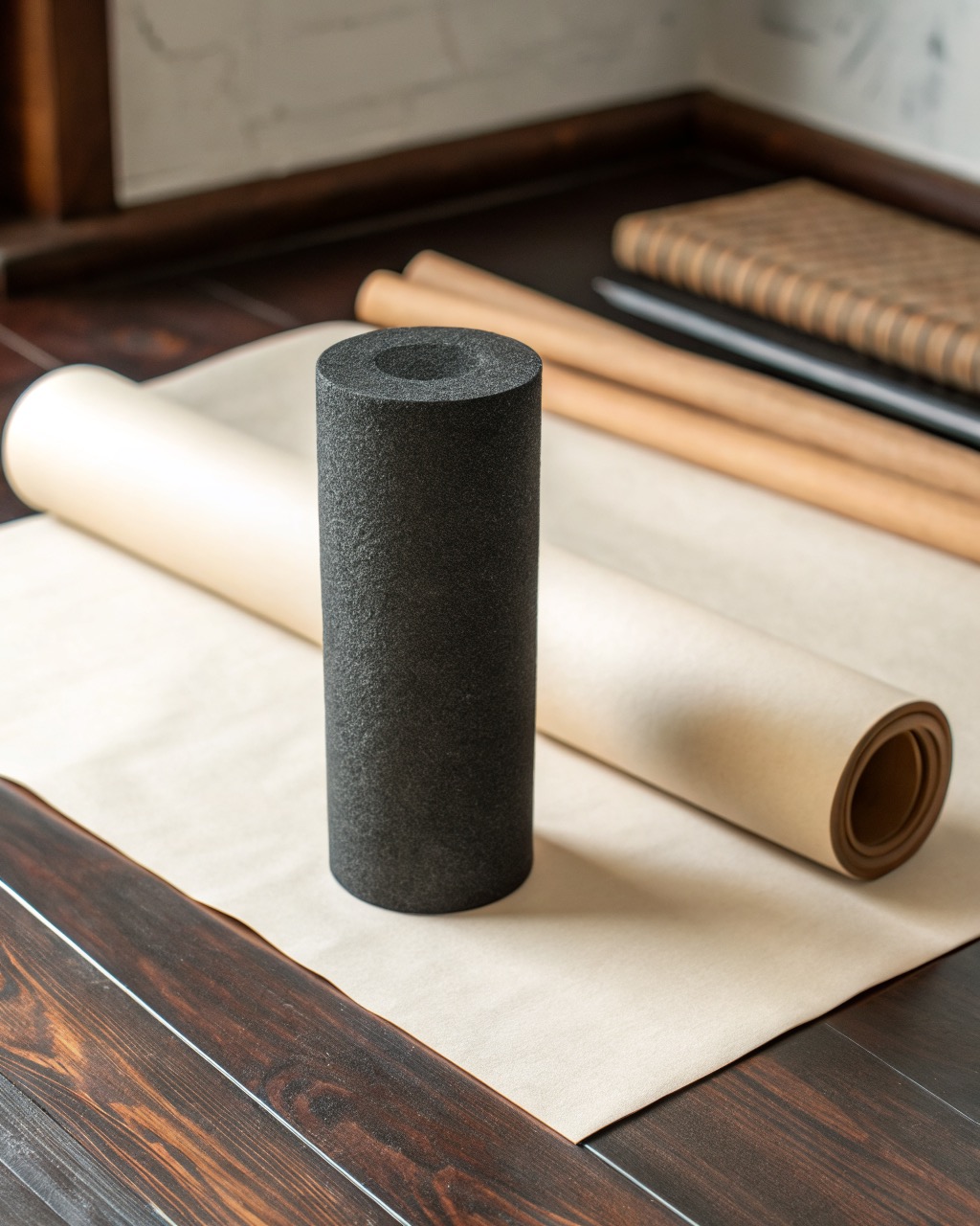 Charcoal high-density foam roller standing upright on a white surface, showing its smooth cylindrical body