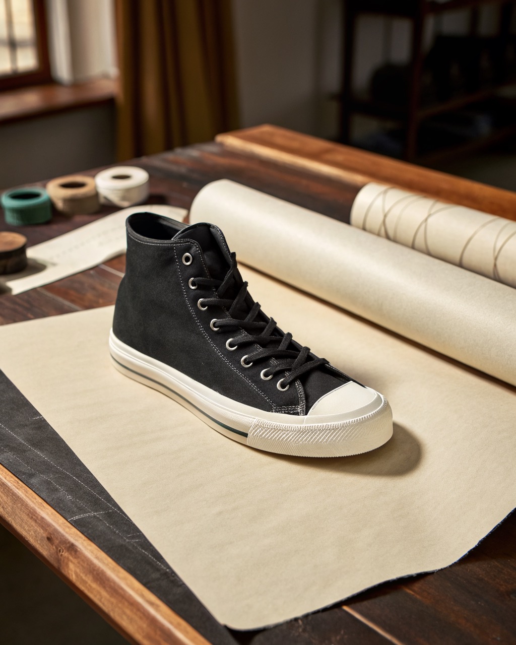 single black high-top cotton canvas sneaker in three-quarter view on a plain pale backdrop, white rubber toe cap and vulcanized sole