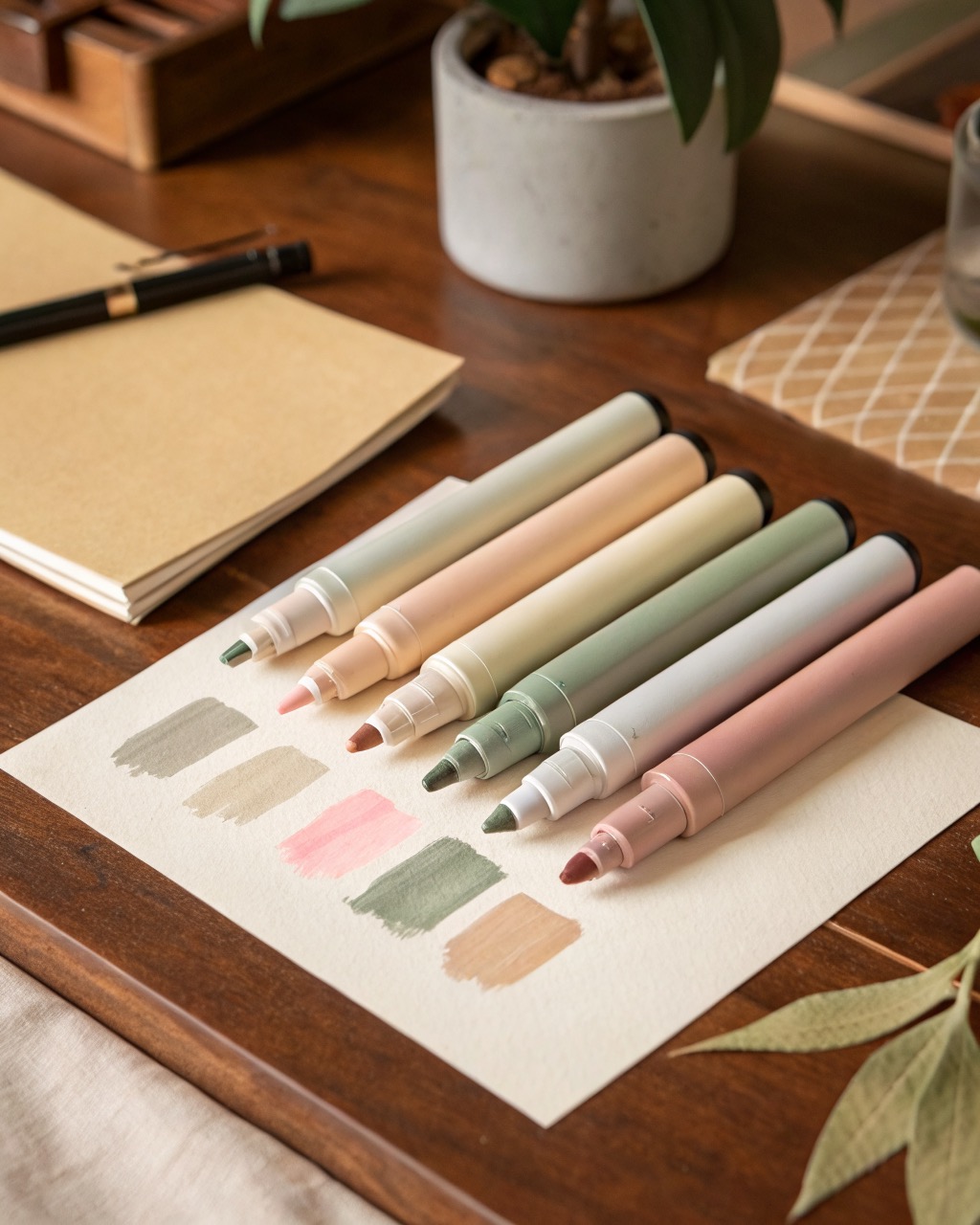 Five chisel-tip highlighters in muted sage, clay, sand, slate, and dusty rose lying uncapped with a band of each color swatched on paper