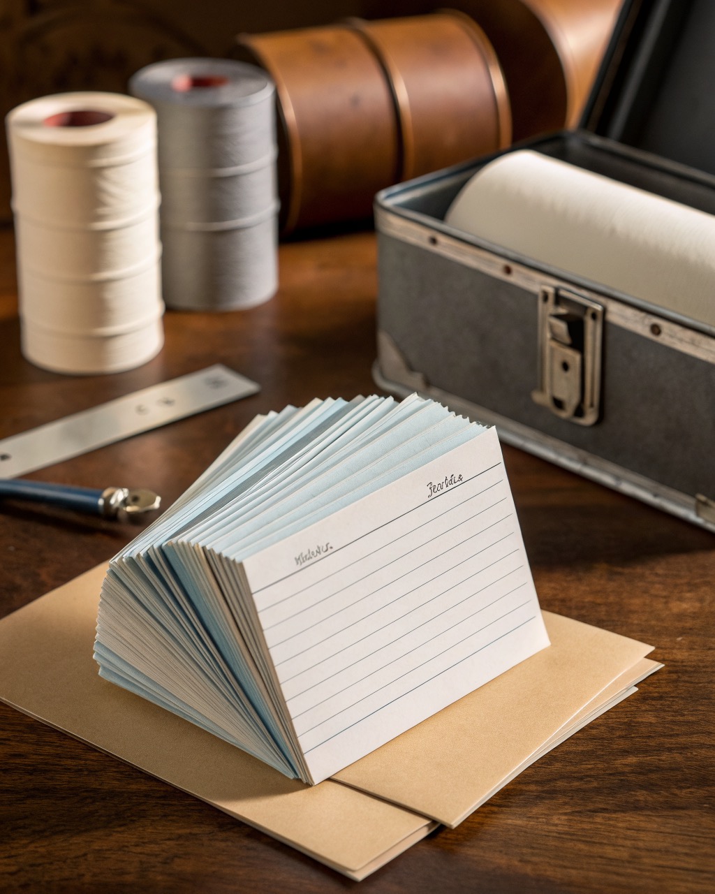 Fanned stack of white, gray, and pale blue ruled index cards standing upright in a steel desk rail beside their hinged box