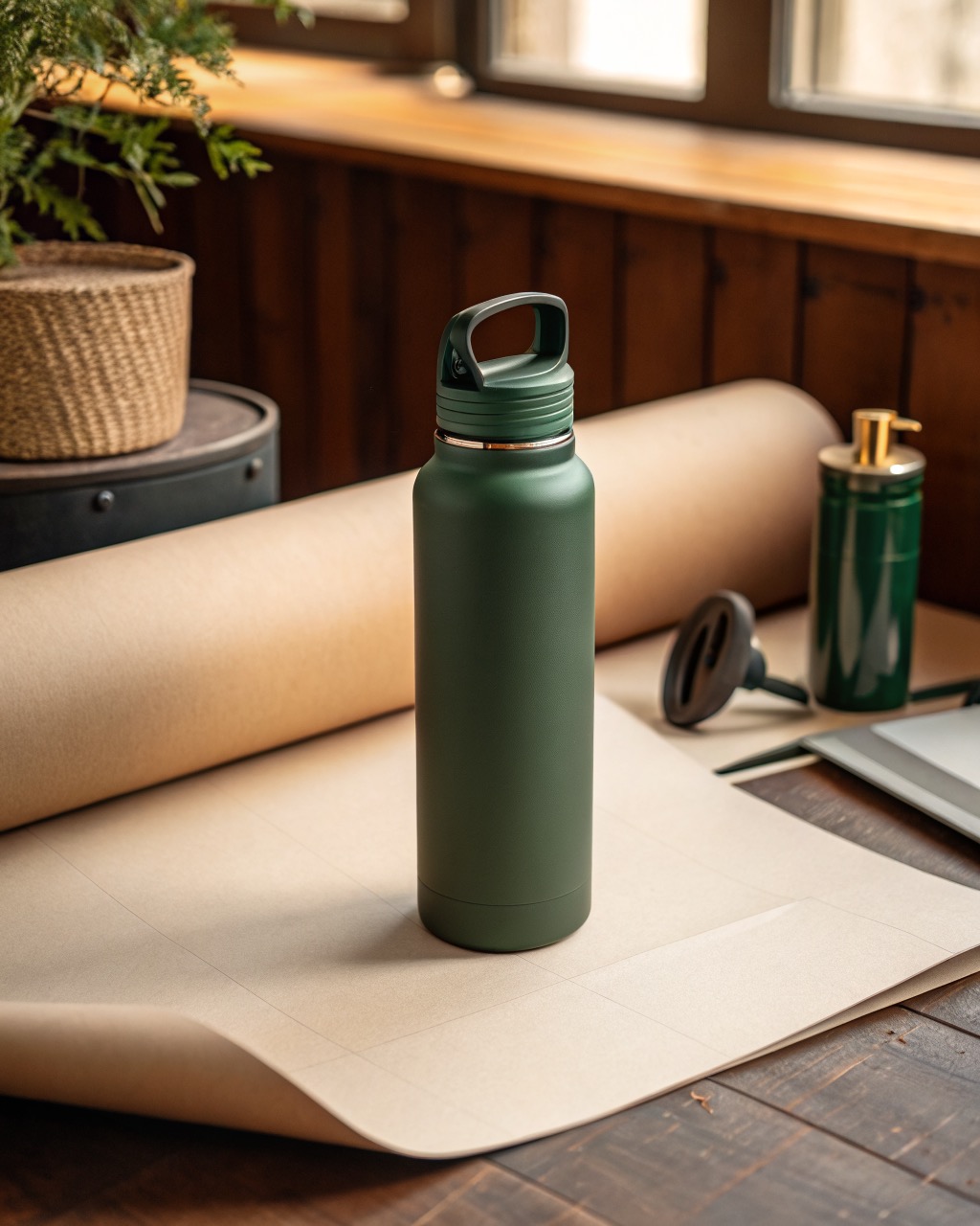 Forest green powder-coated steel water bottle standing on a plain surface with the flip straw lid closed, shown straight on