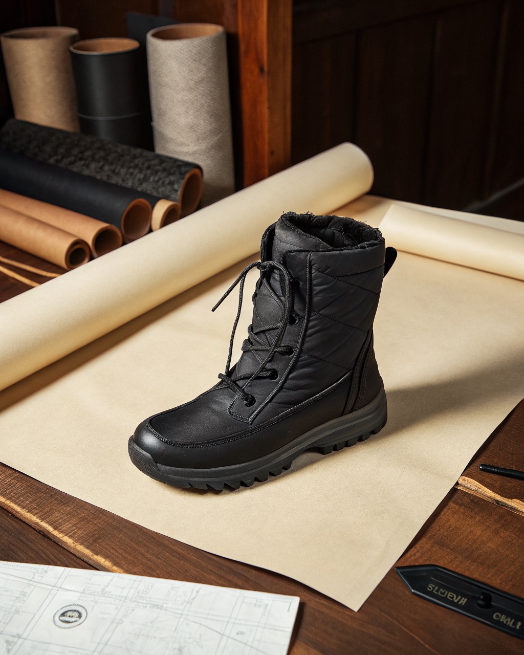 single black tall insulated winter snow boot in three-quarter view on a plain pale backdrop, deep lugged rubber sole and drawcord collar