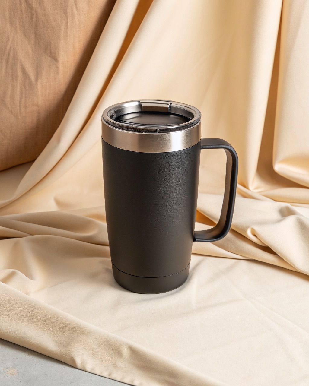 Matte black double-wall stainless mug with a grey press-fit sip lid, photographed on a rock outdoors