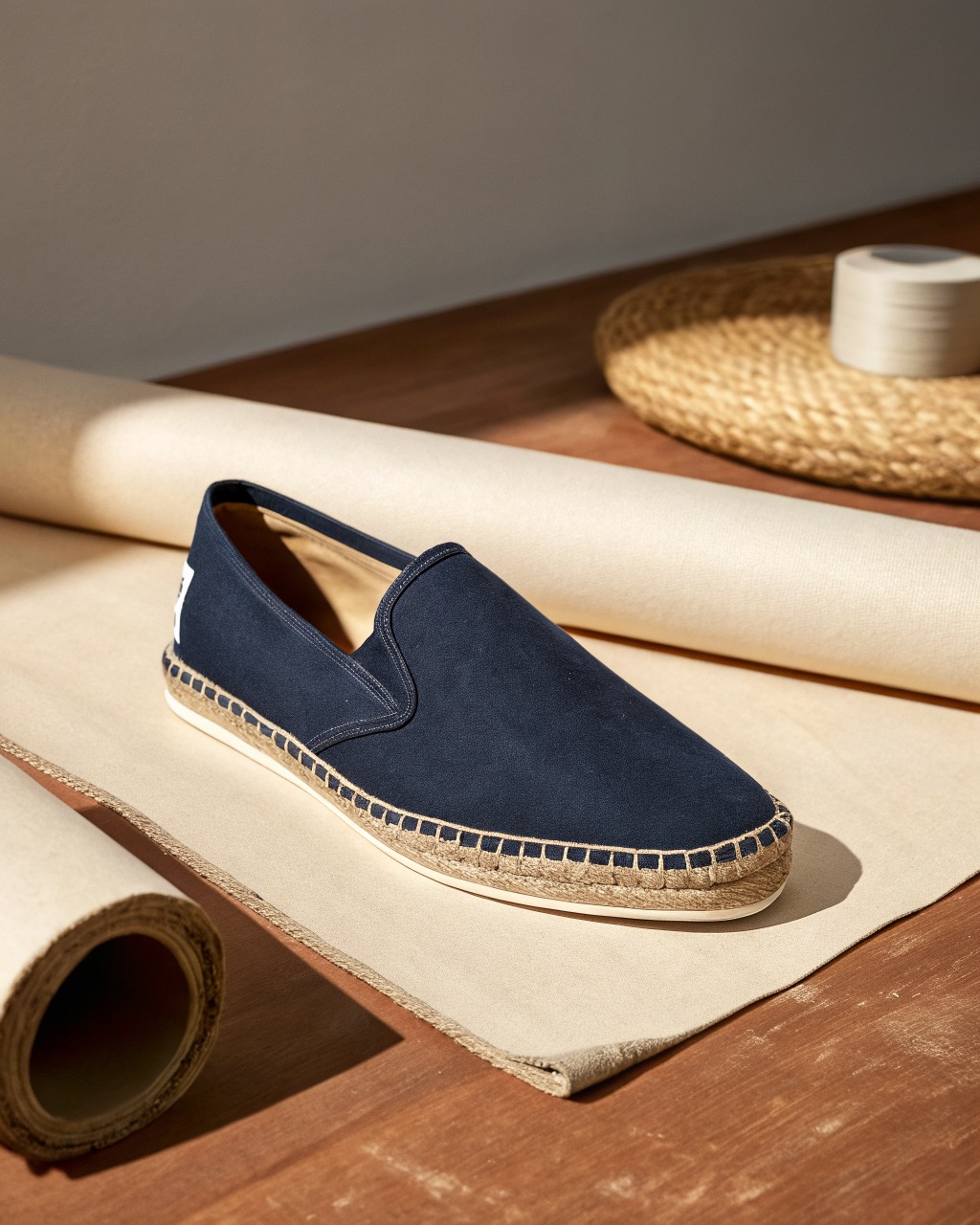 single navy cotton canvas espadrille in three-quarter view on a plain pale backdrop, braided jute midsole and thin rubber outsole