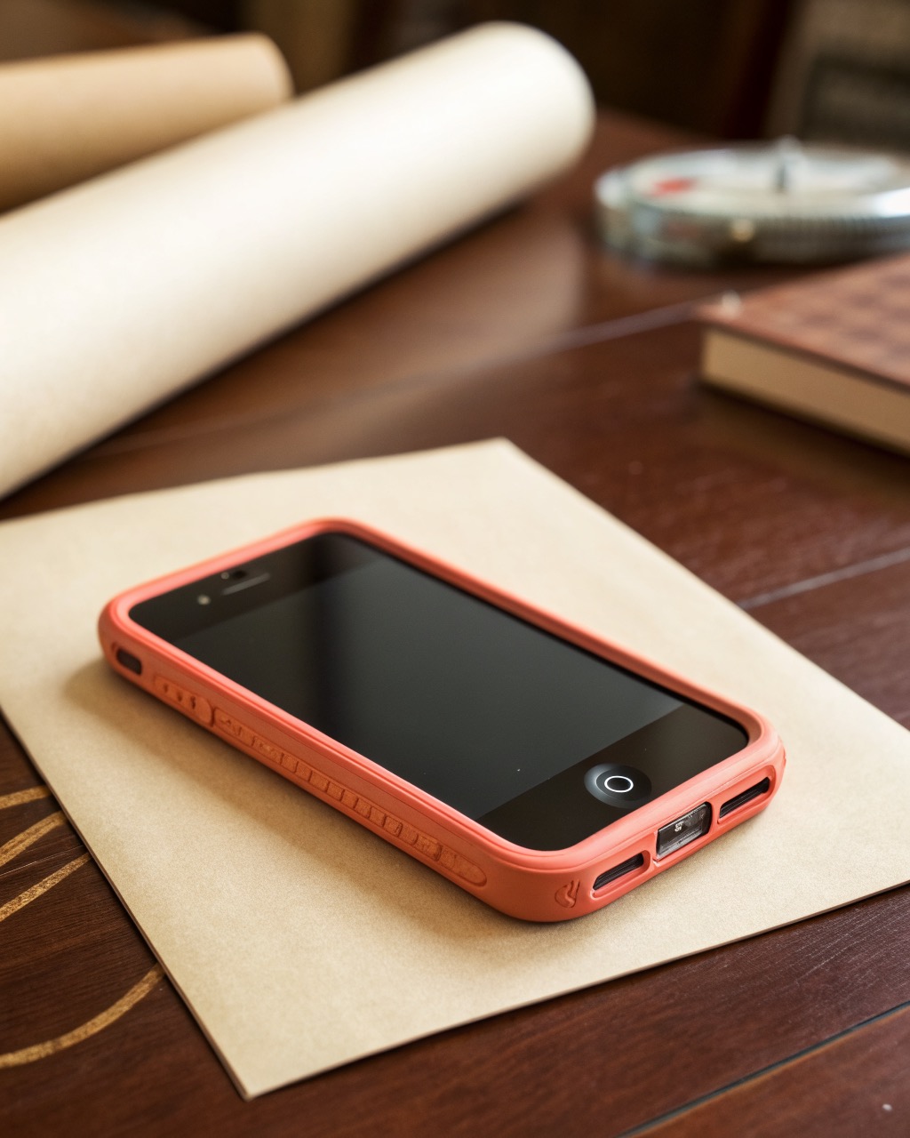 Small coral smartphone in a chunky textured rubber bumper, single rear camera, rounded child-friendly body, blank screen, no logos or branding anywhere