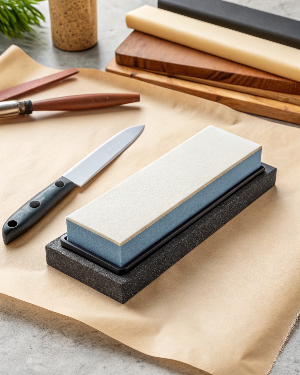 Rectangular dual-grit whetstone, one side cream and one side blue-grey, seated in a black rubber cradle