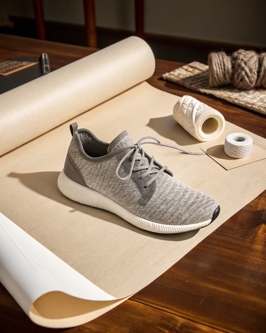single ash grey knit running shoe in three-quarter view on a plain pale backdrop, seamless knit upper, sock collar and white foam midsole