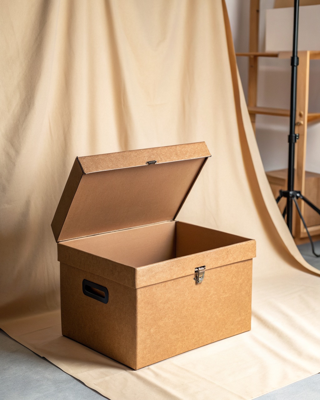 Brown recycled kraft board file box with a separate lid holding upright hanging folders on a shelf