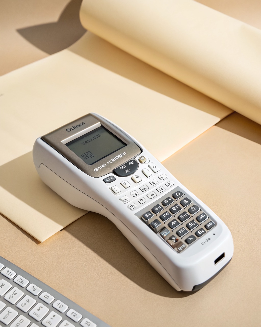 Handheld white-and-grey thermal label maker with a physical keyboard and small LCD, printing a white label