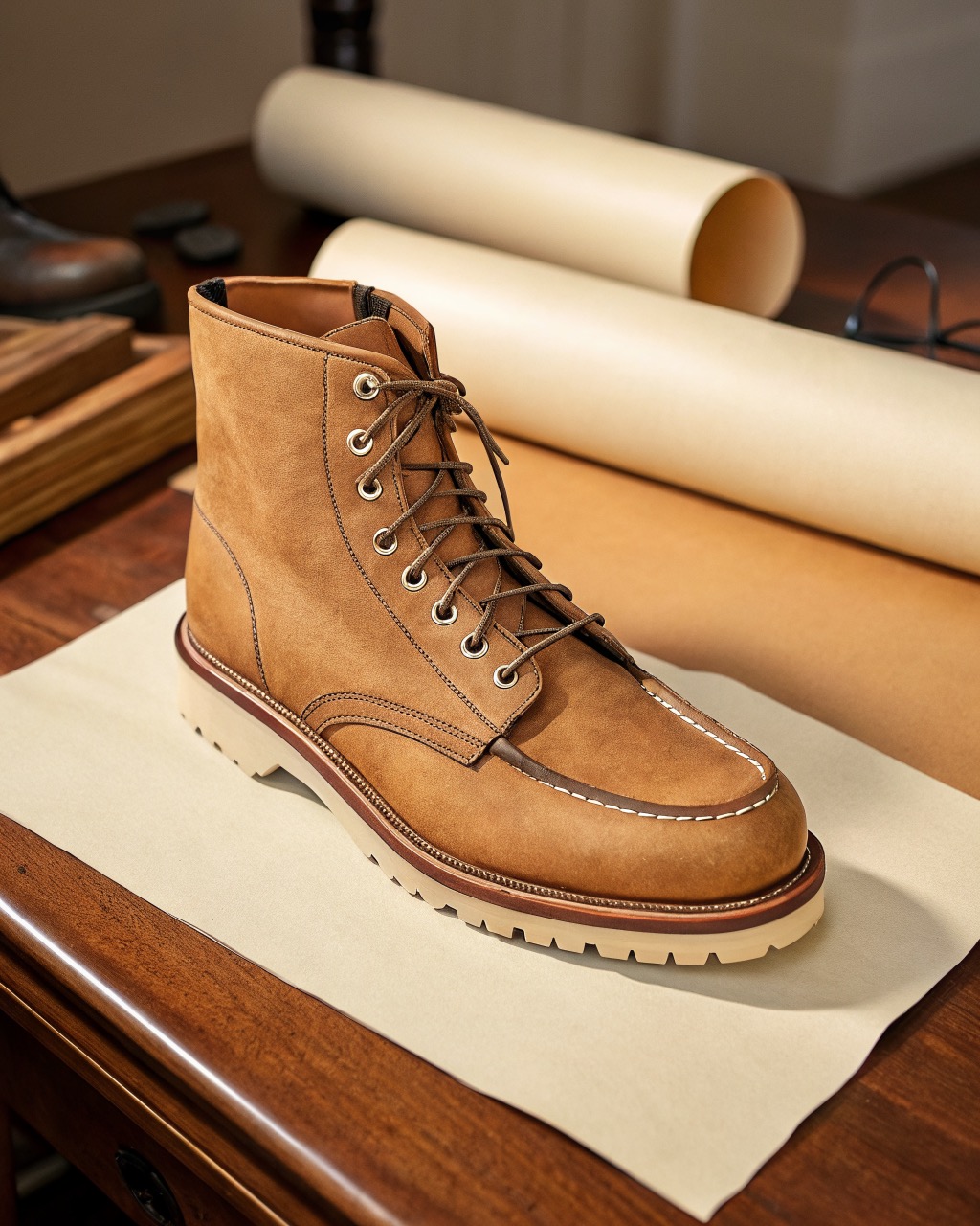 single tan oil-tanned leather lace-up work boot in three-quarter view on a plain pale backdrop, thick rubber lug sole, waxed laces and speed hooks