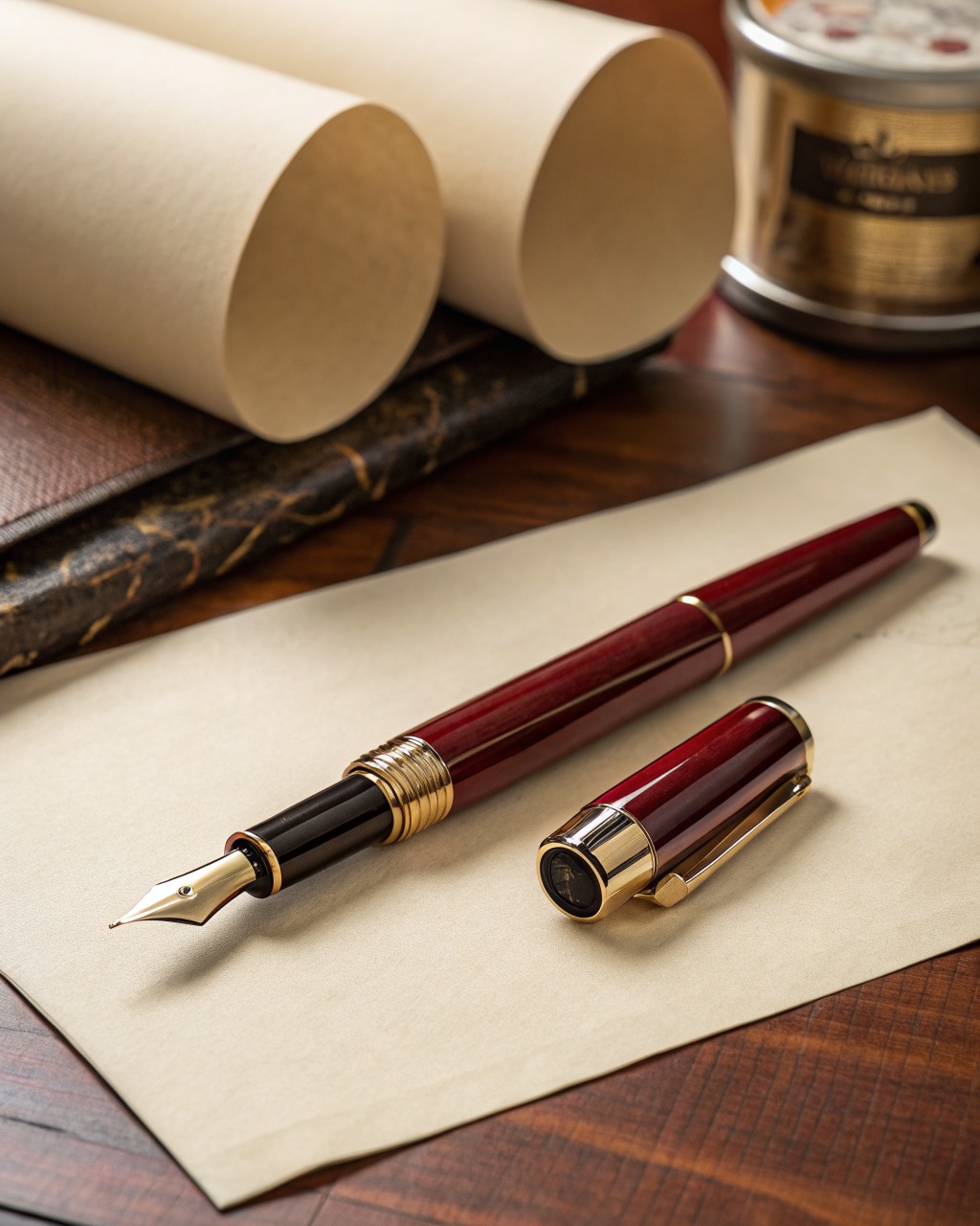 Oxblood lacquered brass fountain pen uncapped at an angle, polished gloss body beside its cap and a stainless medium nib