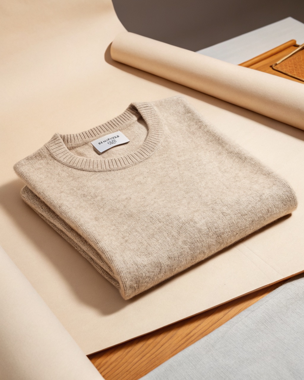Oatmeal lambswool crew-neck sweater folded neatly, showing ribbed cuffs and a jersey-knit body