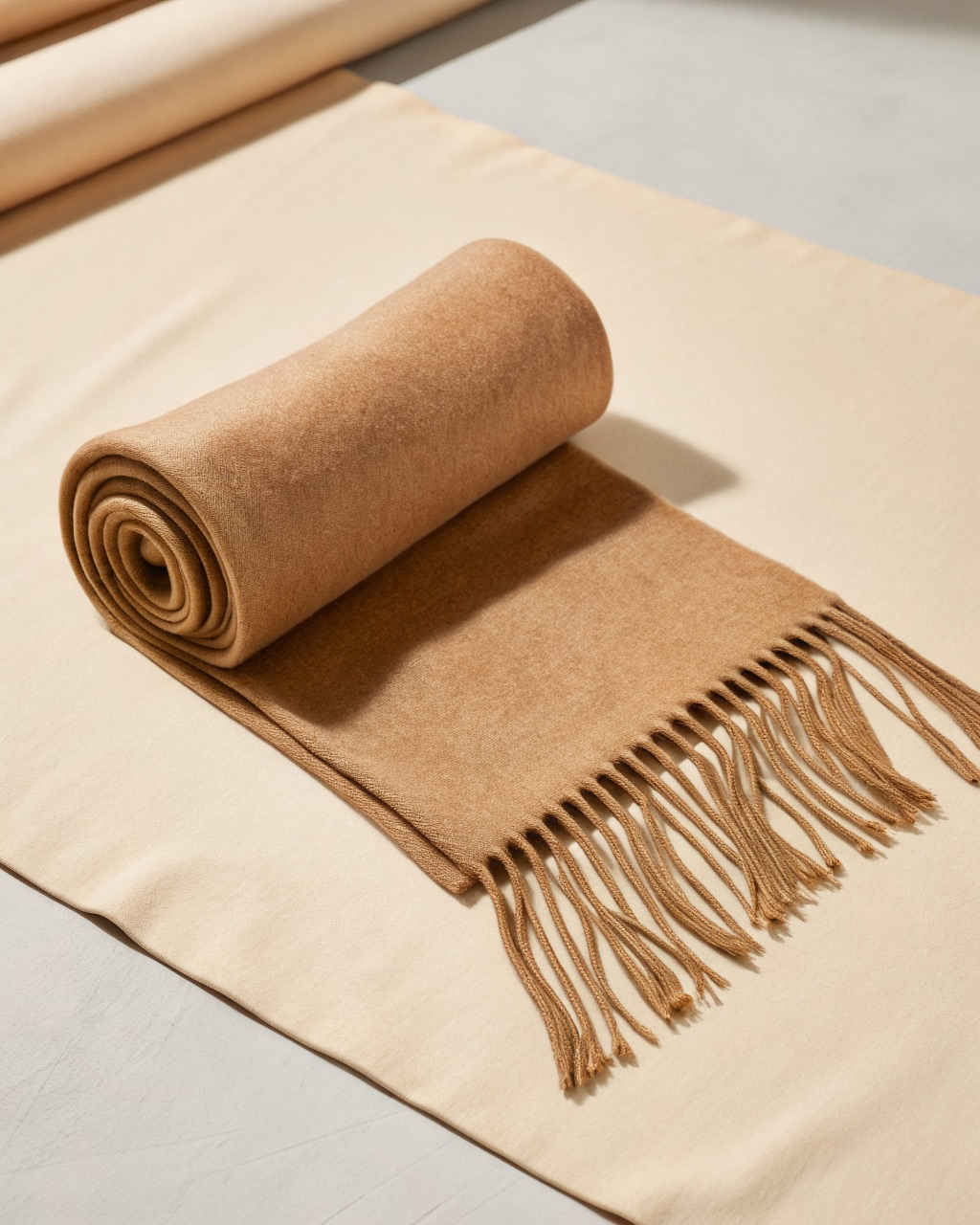 Camel lambswool twill scarf folded lengthwise with hand-knotted fringe at the visible end