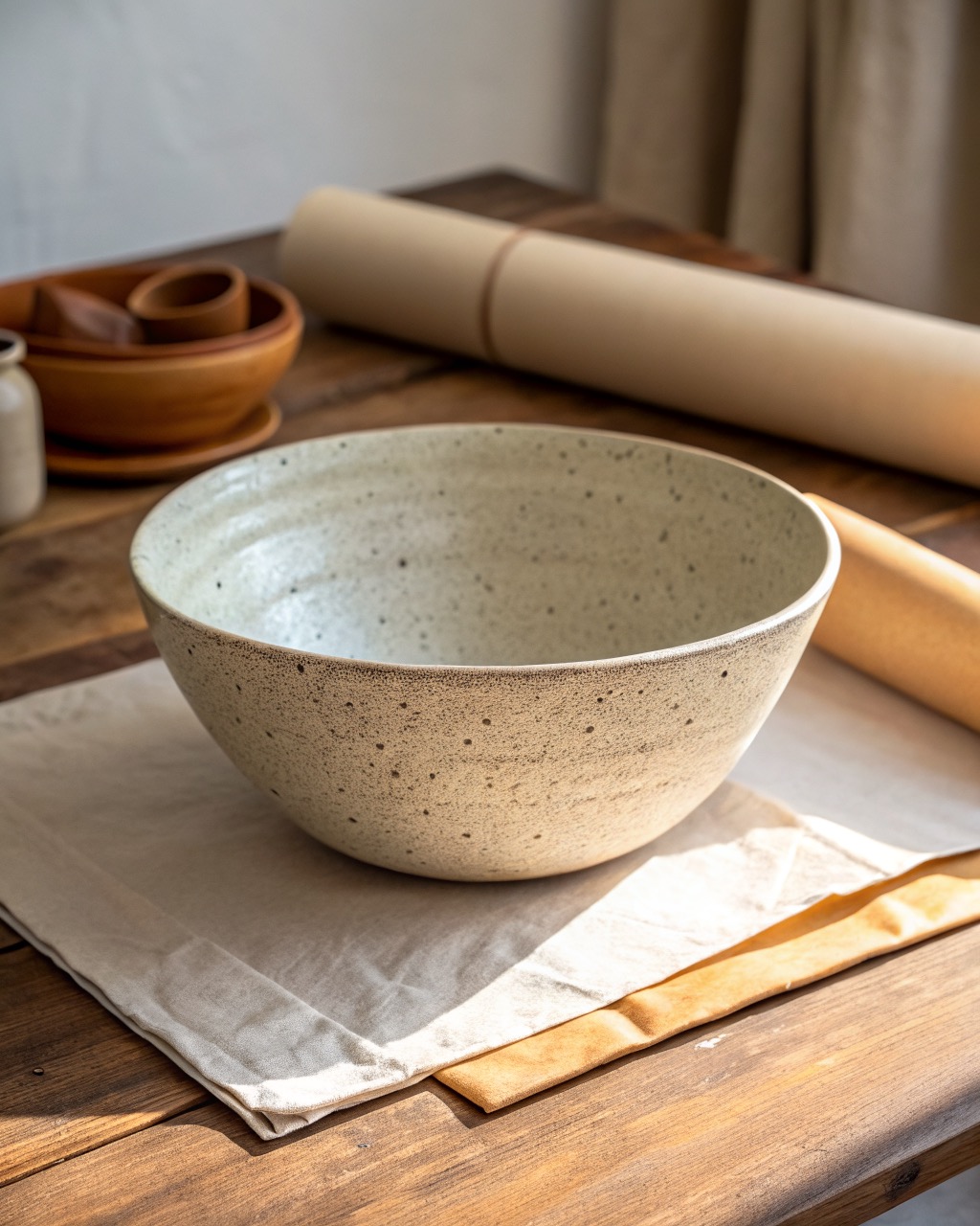 Large deep speckled stoneware salad bowl with a high curved wall, three-quarter view on a white studio background