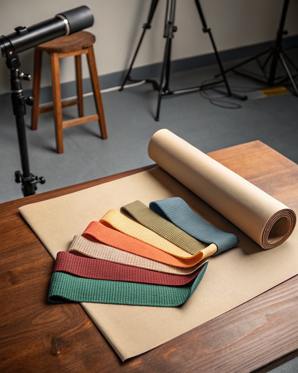 Five stacked fabric resistance loop bands in graduated colors arranged in a fan on a plain gray background