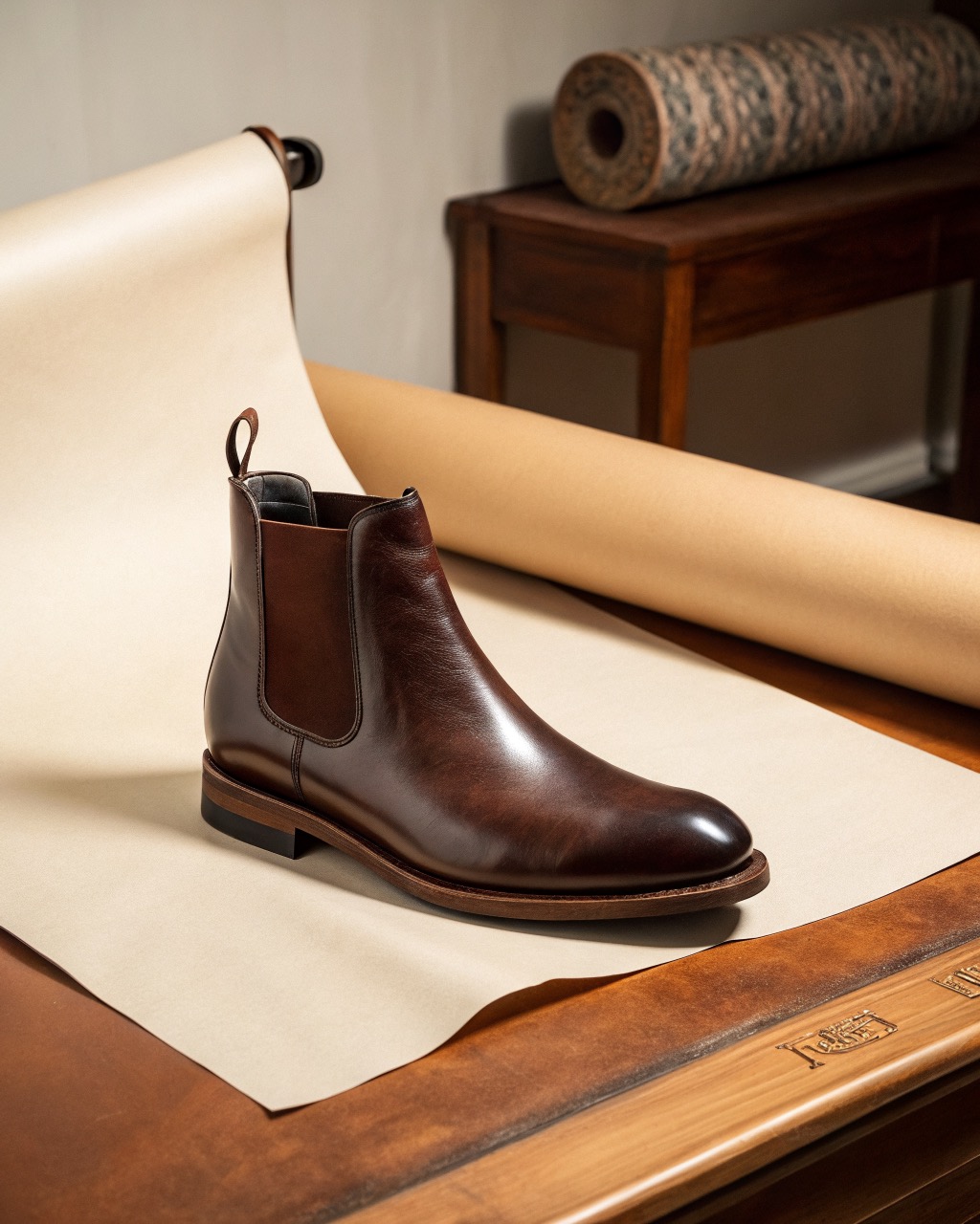 single dark chestnut calf leather chelsea boot in side profile on a plain pale backdrop, elastic side gore, leather sole with stacked heel