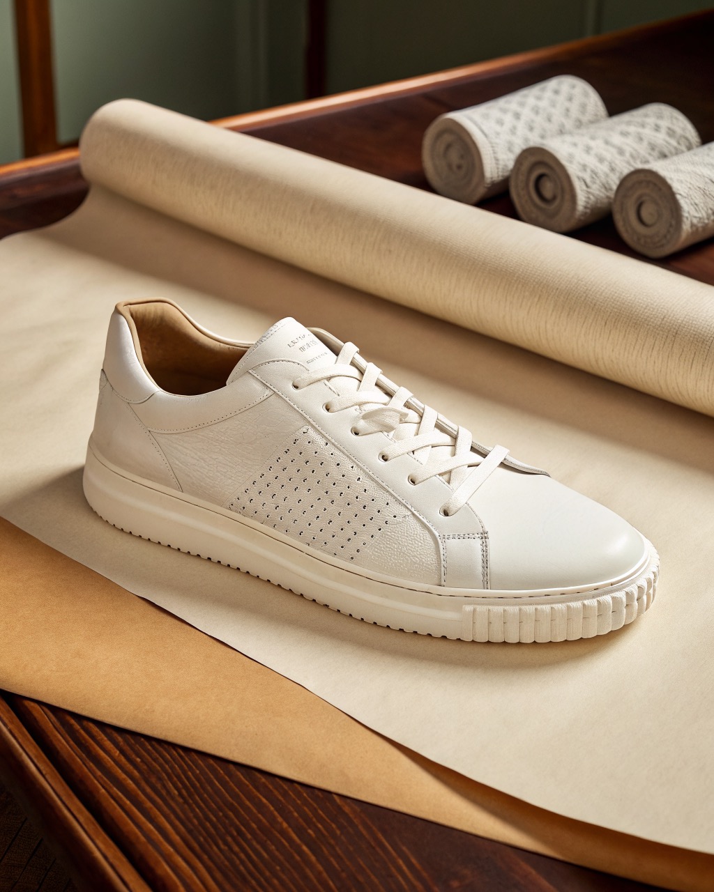 single white leather court sneaker in three-quarter view on a plain pale backdrop, perforated vamp and flat herringbone-tread rubber sole