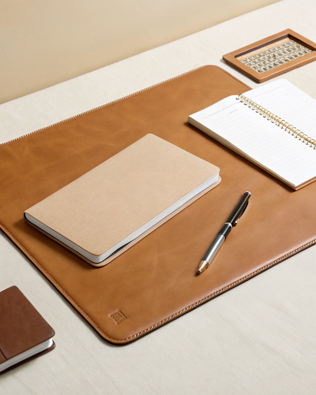 Tan full-grain leather desk blotter with angled leather corners holding a sheet of cream blotting paper