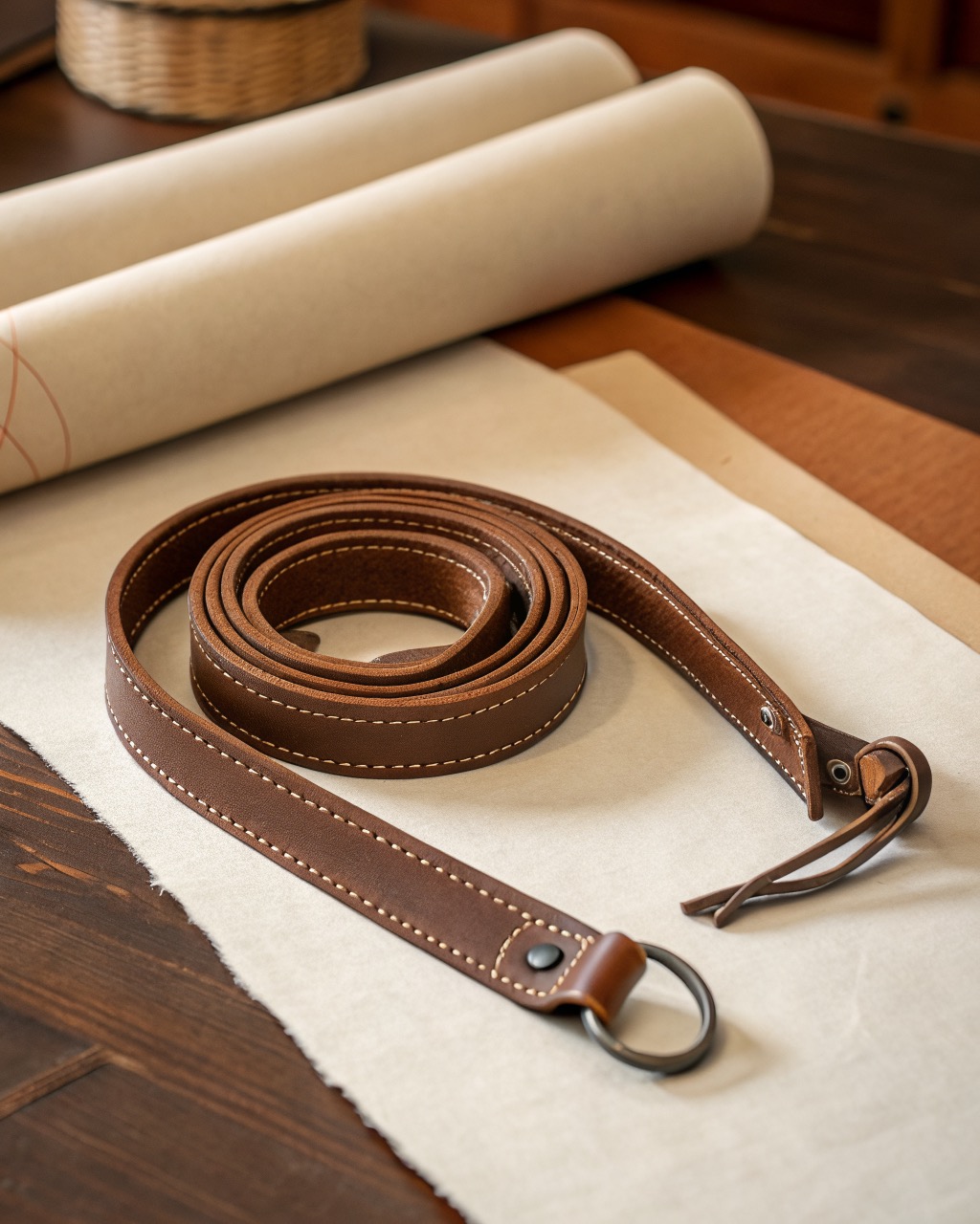 A pair of brown full-grain leather lasso lifting straps coiled on a plain surface, showing the stitched loop ends
