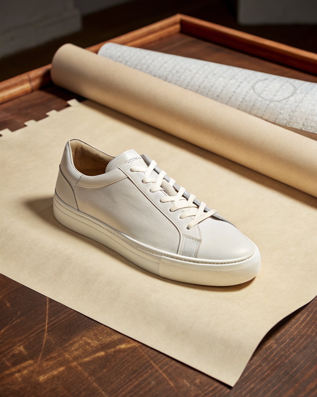 single white full-grain leather low-top sneaker in three-quarter view on a plain pale backdrop, gum rubber sole, flat waxed laces