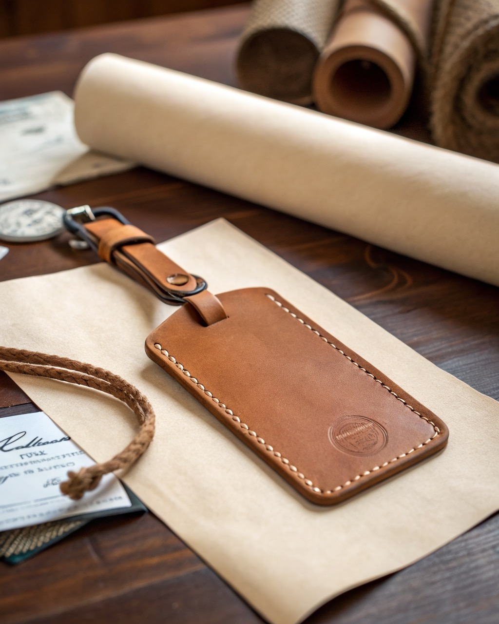 Tan full-grain leather luggage tag photographed flat showing the burnished edges and a braided steel loop with a screw barrel closure