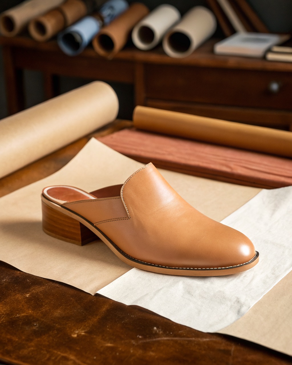 single tan smooth leather backless mule in three-quarter view on a plain pale backdrop, closed almond toe and low leather-covered block heel