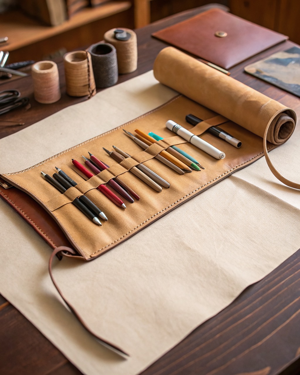 Undyed vegetable-tanned leather pencil roll unrolled flat showing twelve stitched slots filled with assorted pens and pencils