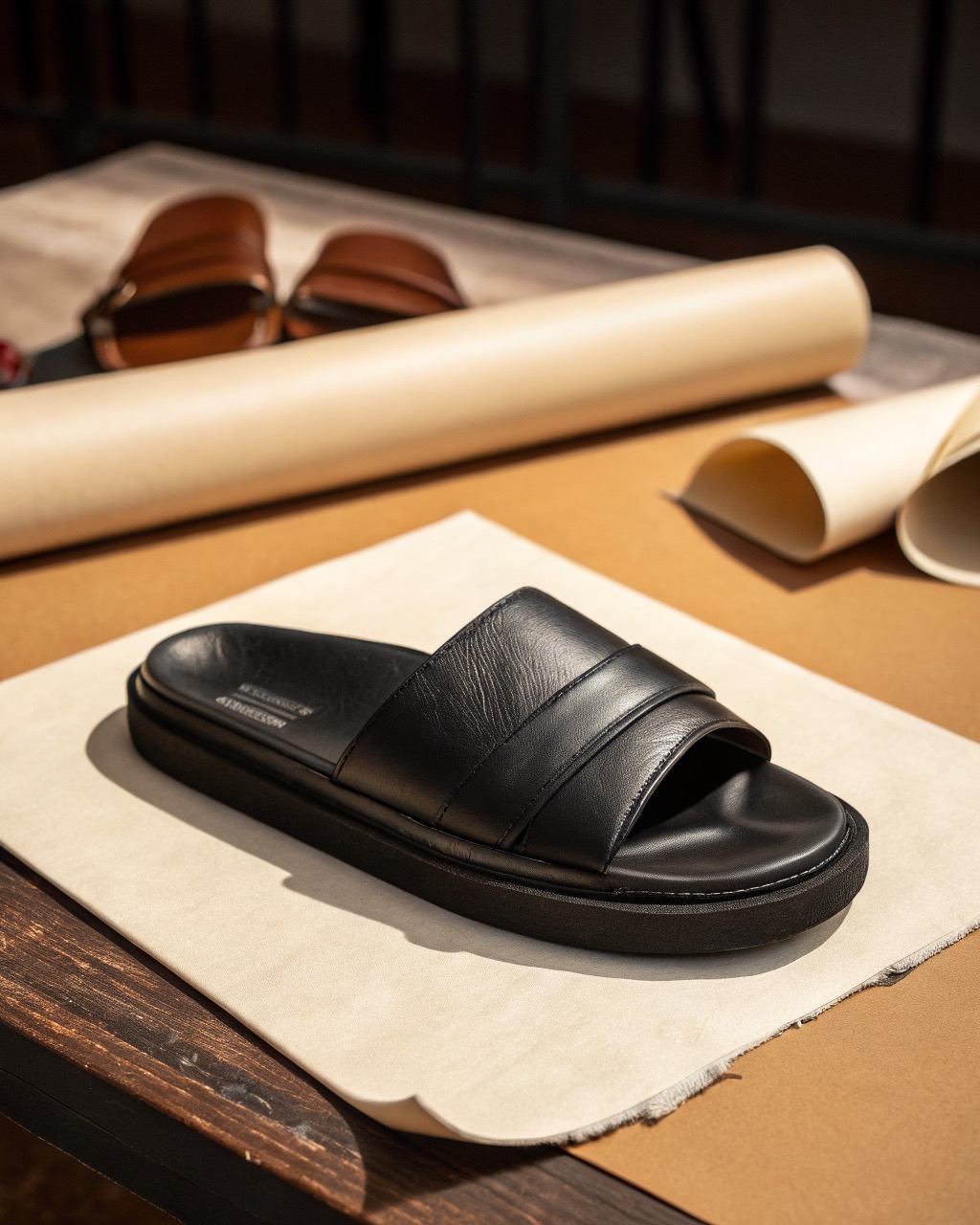 single black padded leather slide sandal in three-quarter view on a plain pale backdrop, single wide band and molded EVA footbed