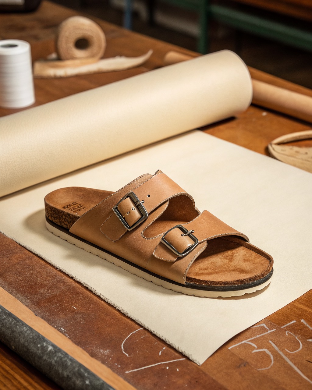 single tan vegetable-tanned leather strap sandal in three-quarter view on a plain pale backdrop, contoured cork footbed and ankle buckle