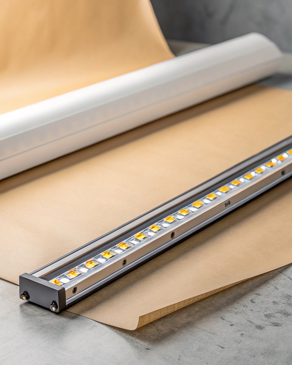 Slim brushed aluminum LED bar light mounted under a kitchen shelf, casting an even strip of warm light on the counter below
