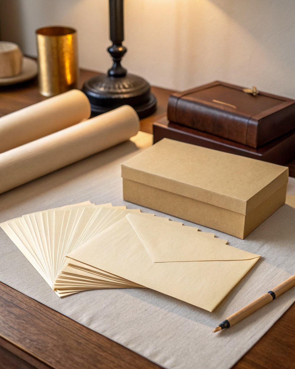 Stack of warm ivory laid writing sheets fanned beside several matching C6 envelopes and a lidded board box on a plain surface