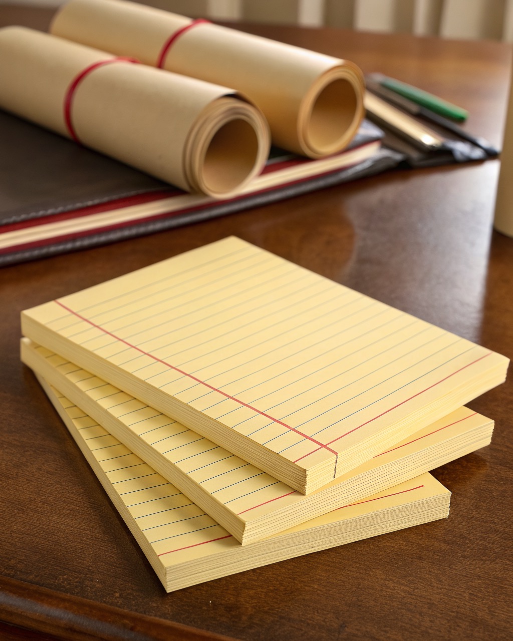 Stack of three canary-yellow legal pads with red margin lines, top pad's gummed head and chipboard backer visible at an angle