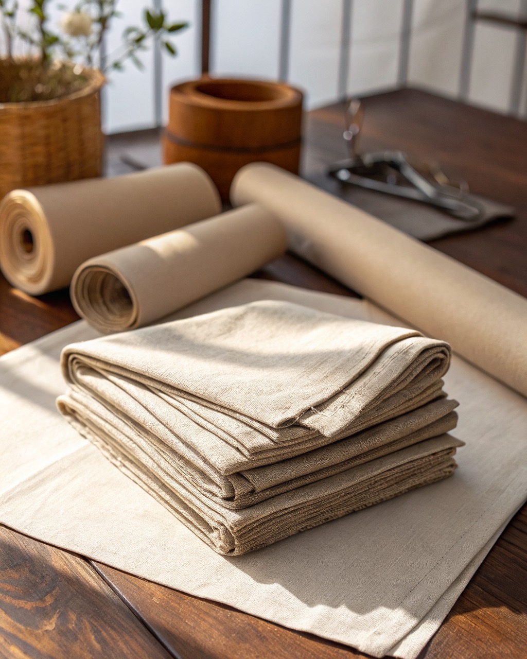 Stack of folded oatmeal stonewashed linen napkins with mitered hems, one unfolded beside them on a white background
