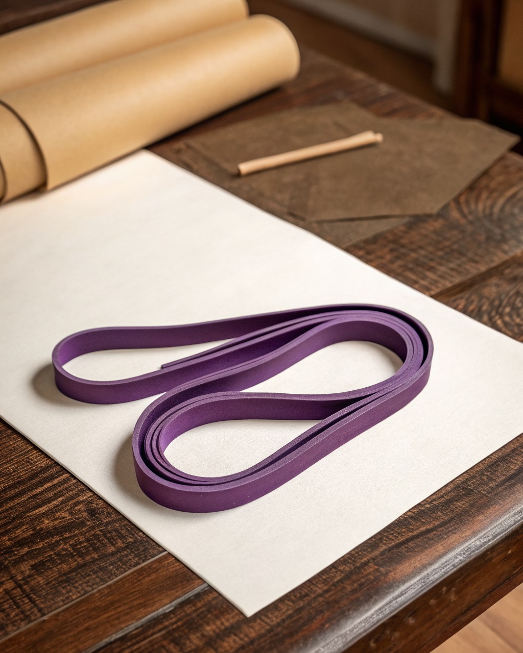 A purple continuous loop resistance band laid in an oval on a plain white surface, showing its flat matte latex surface