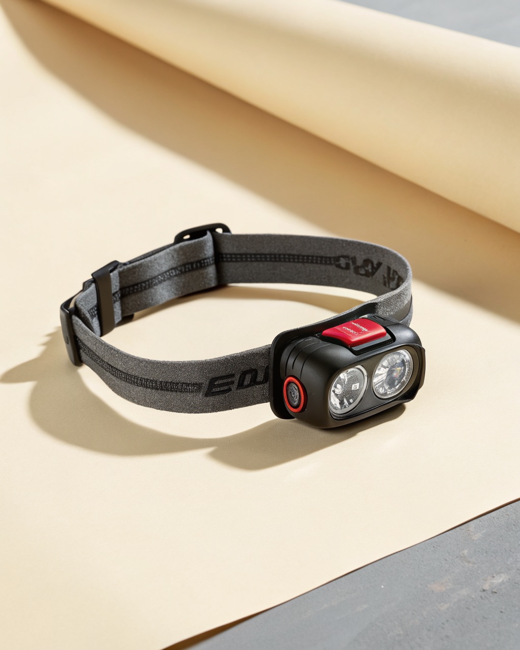 Compact headlamp with an elastic adjustable band, showing the main LED housing and red night-vision LED