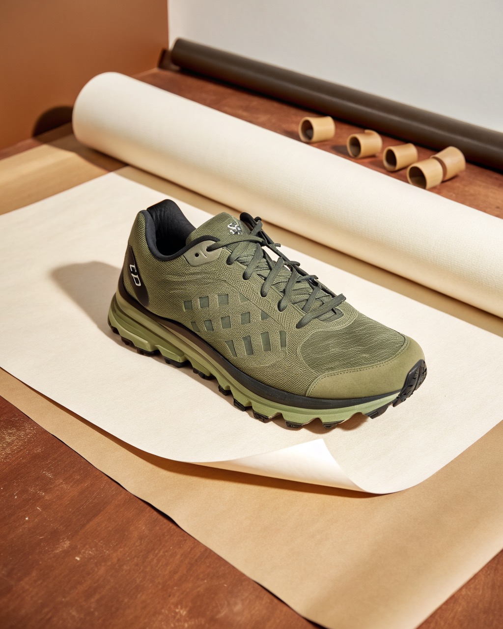 single moss green trail running shoe in three-quarter view on a plain pale backdrop, aggressive lugged rubber outsole and reinforced toe cap