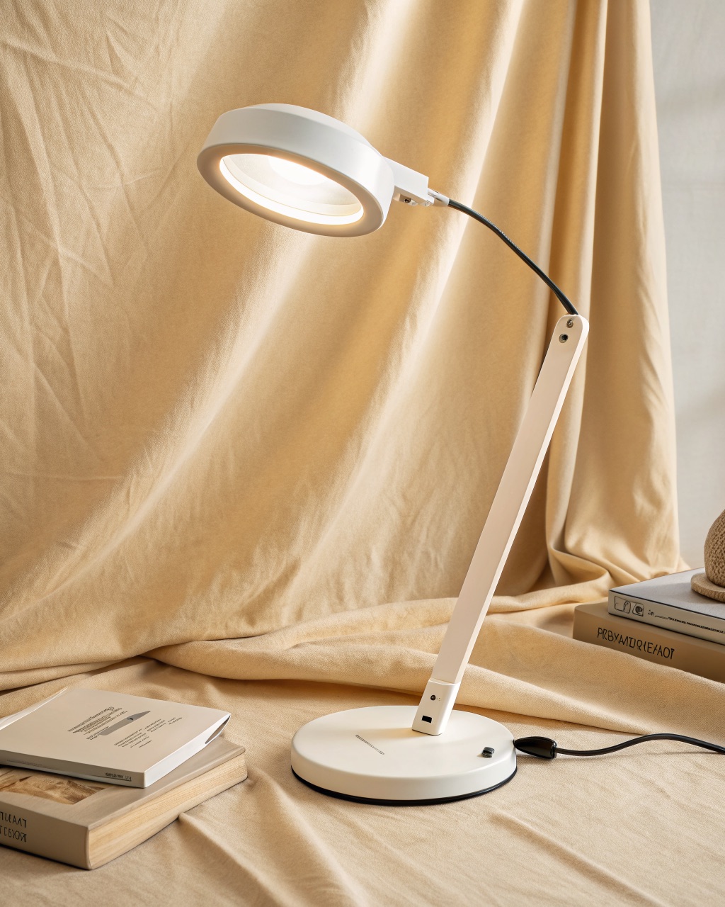 Adjustable-arm desk lamp with a rotary dimmer and USB-A port on the base